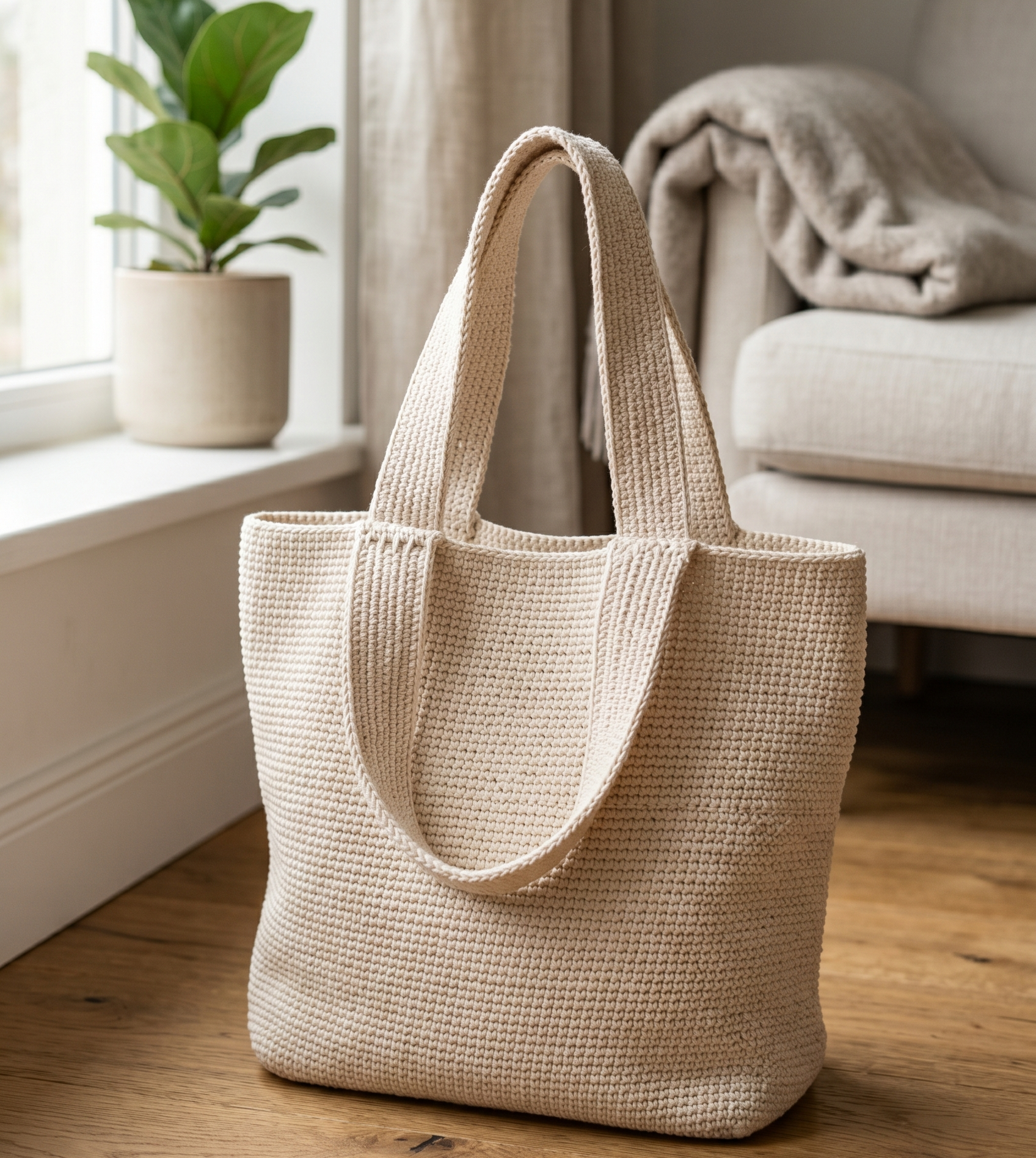 Fertige gehäkelte Shopper Tasche mit stabilen Henkeln